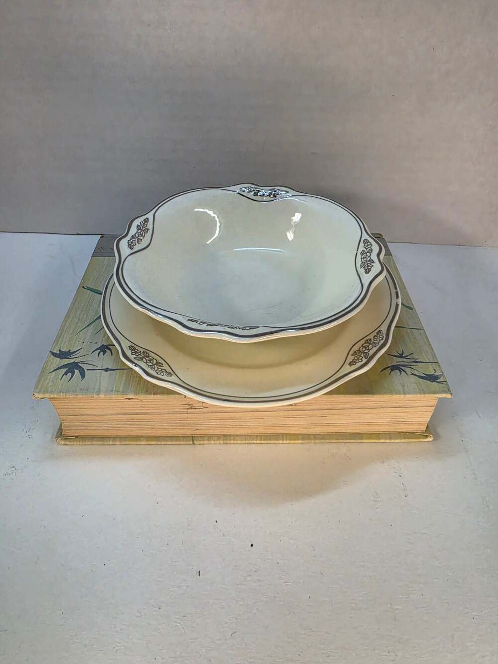 Homer Laughlin Virginia Silver Rose Patrician Rimmed Soup Bowl and Plate Set